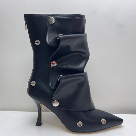 High heeled pointed metal rivet denim patchwork boots - Picture 14 of 16